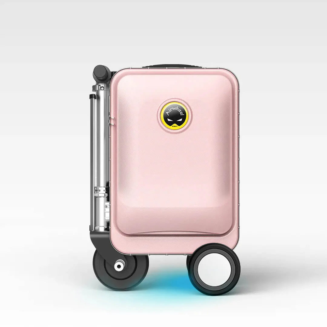 Front view of the Airwheel SE3SL travel suitcase in a beautiful pink finish, shown in its compact folded mode for easy carrying.