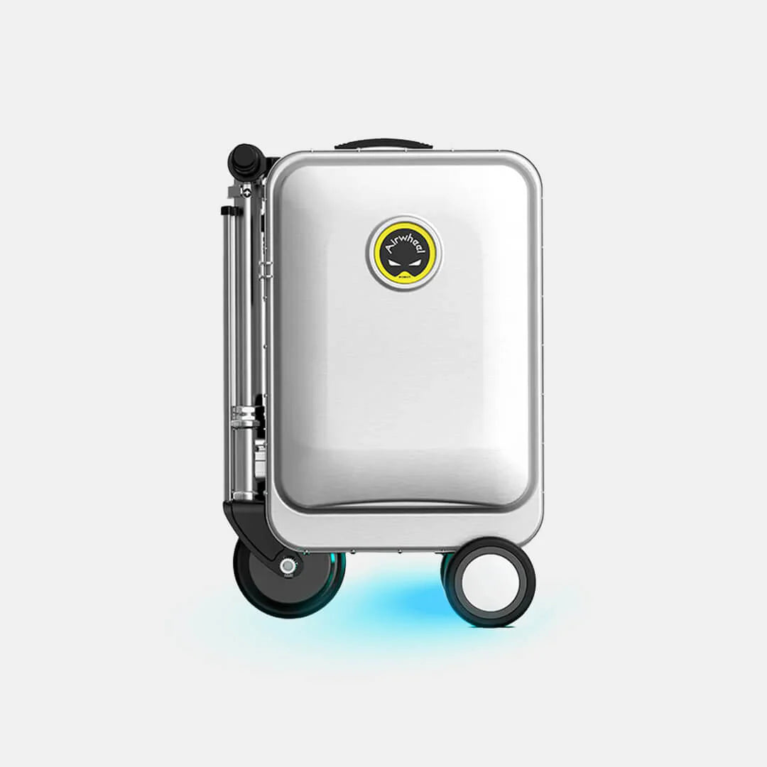 Frontal shot of the silver Airwheel SE3SL motorized suitcase when folded, emphasizing its clean aesthetic and travel-ready compactness.
