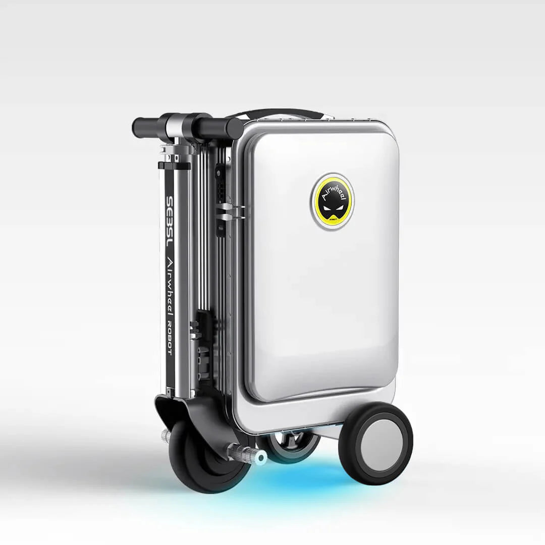 The sleek silver Airwheel SE3SL smart luggage in its compact folded form, with the blue LED light illuminated, demonstrating its futuristic design