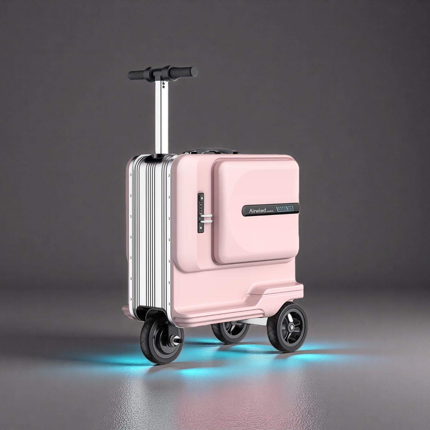 Elegant pink Airwheel SE3T electric rideable suitcase with its handle fully extended. The eye-catching blue ambient light at the base highlights its smart and stylish design