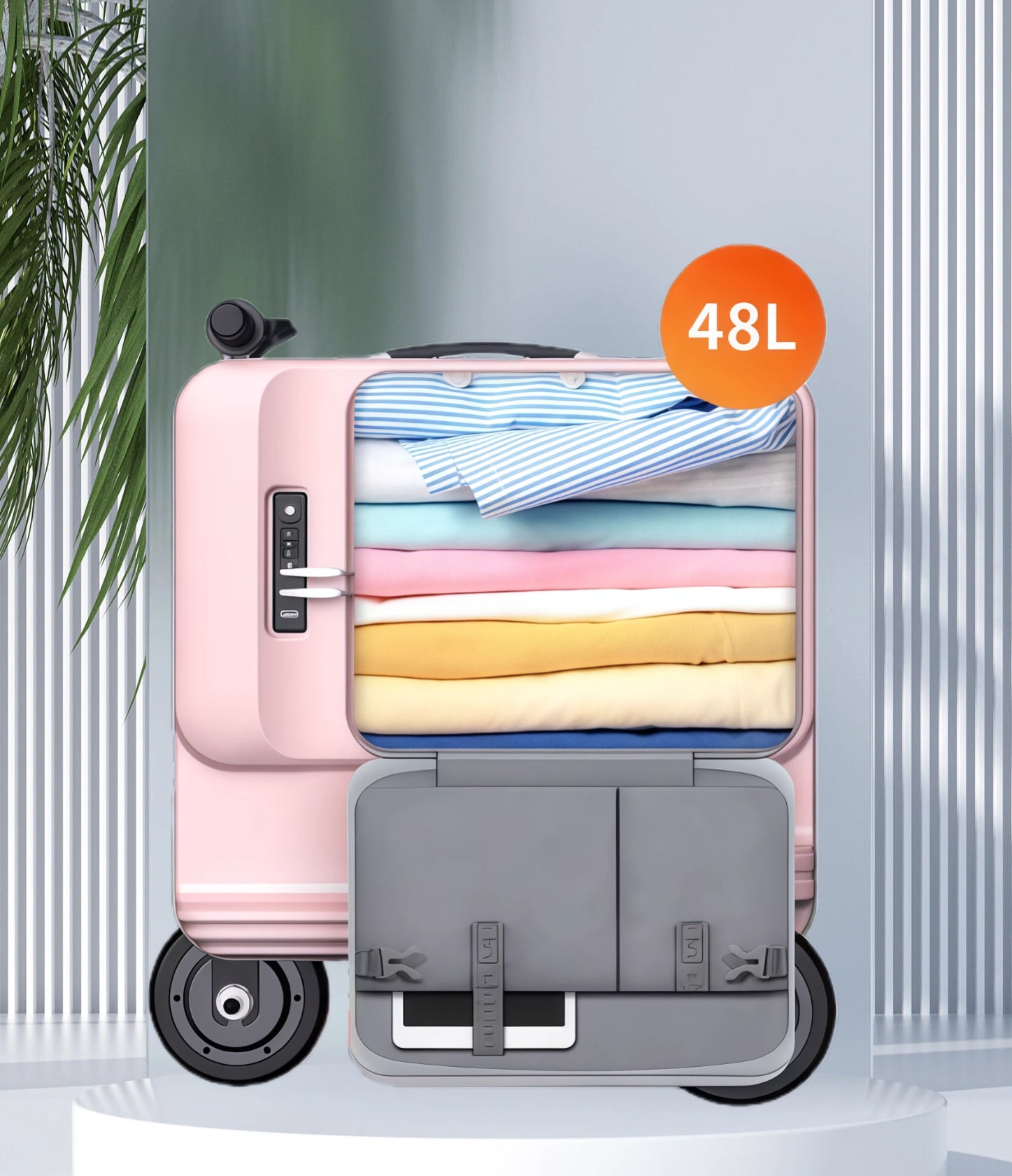 A modern silver-white Airwheel SE3T electric scooter luggage in ride mode, showcasing its streamlined design and sturdy aluminum alloy frame, making it the ideal companion for airport travel.