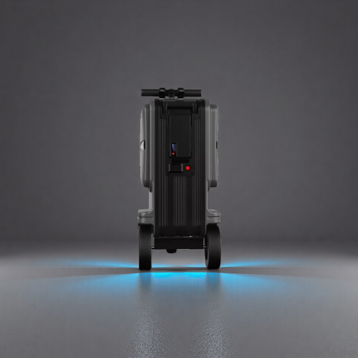 A close-up front view of the Airwheel SE3T smart luggage, clearly displaying the battery level indicator and USB charging port, highlighting its removable battery and power bank functionality.