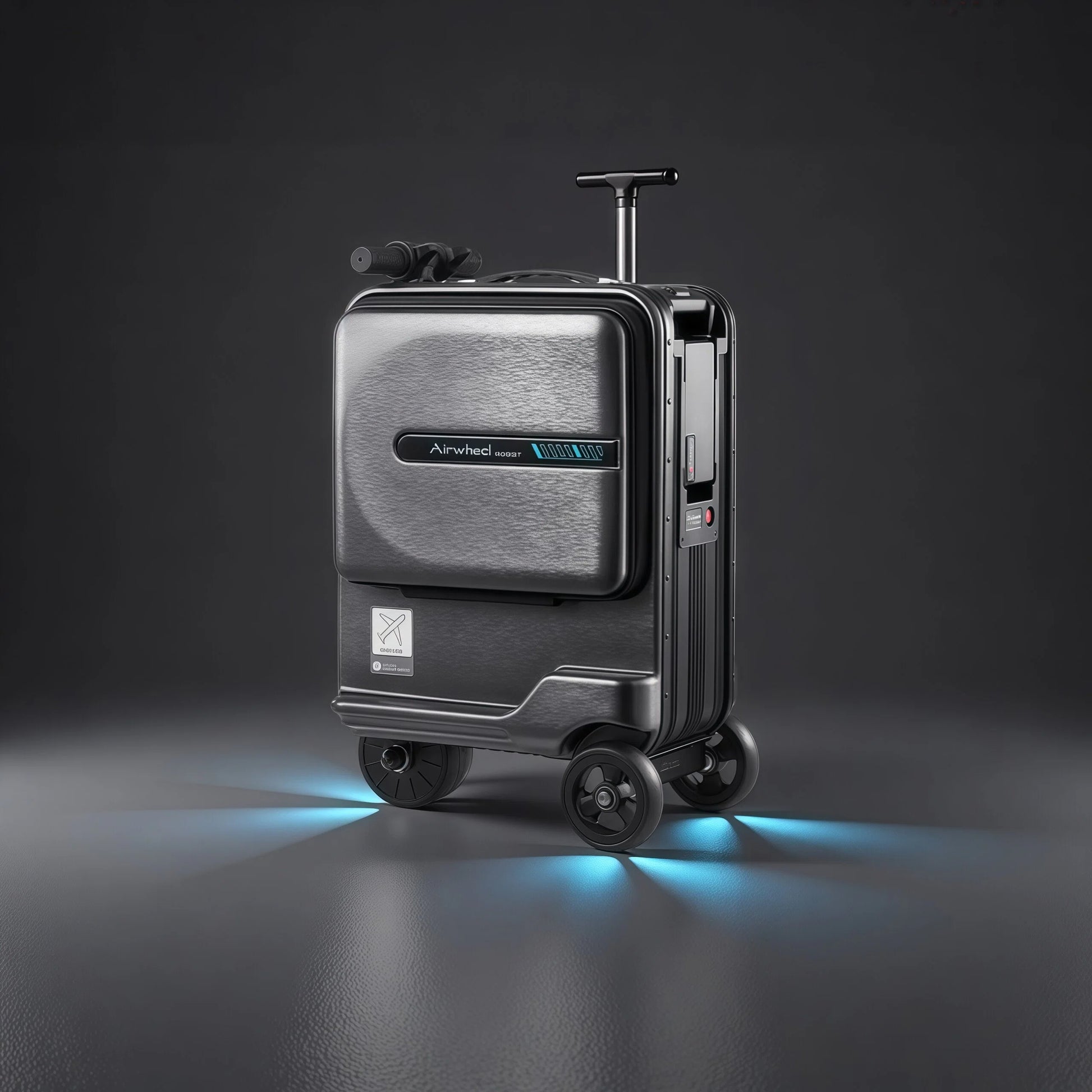 A rear-angle view of the robust black Airwheel SE3T ride-on suitcase, ready for riding and showing its sturdy wheels, smart handle, and battery port