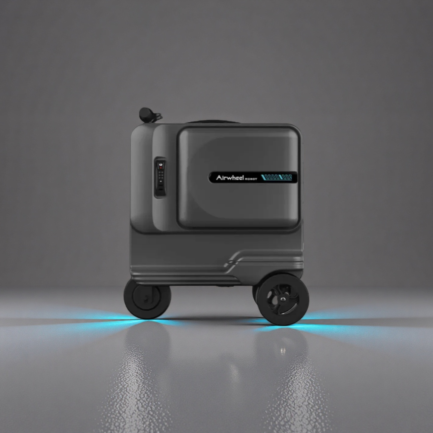 Black Airwheel SE3T electric scooter suitcase in ride mode with the smart handlebar in position, ready to go. The blue light underneath emphasizes its futuristic travel features
