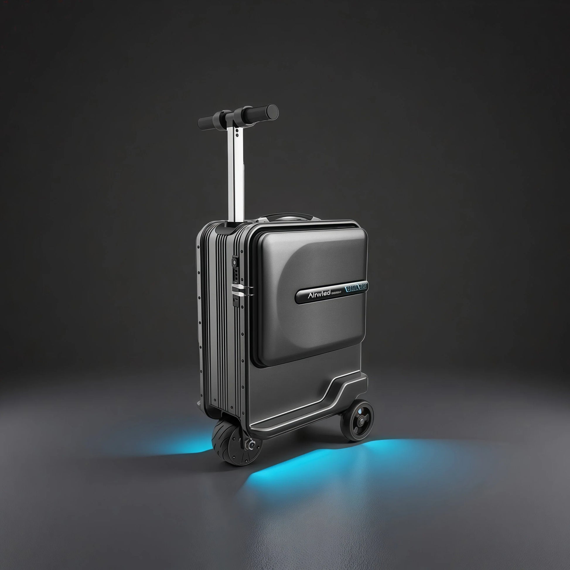 A professional black Airwheel SE3T rideable carry-on luggage with its handle up, highlighted by the bright blue LED underglow and durable aluminum frame.