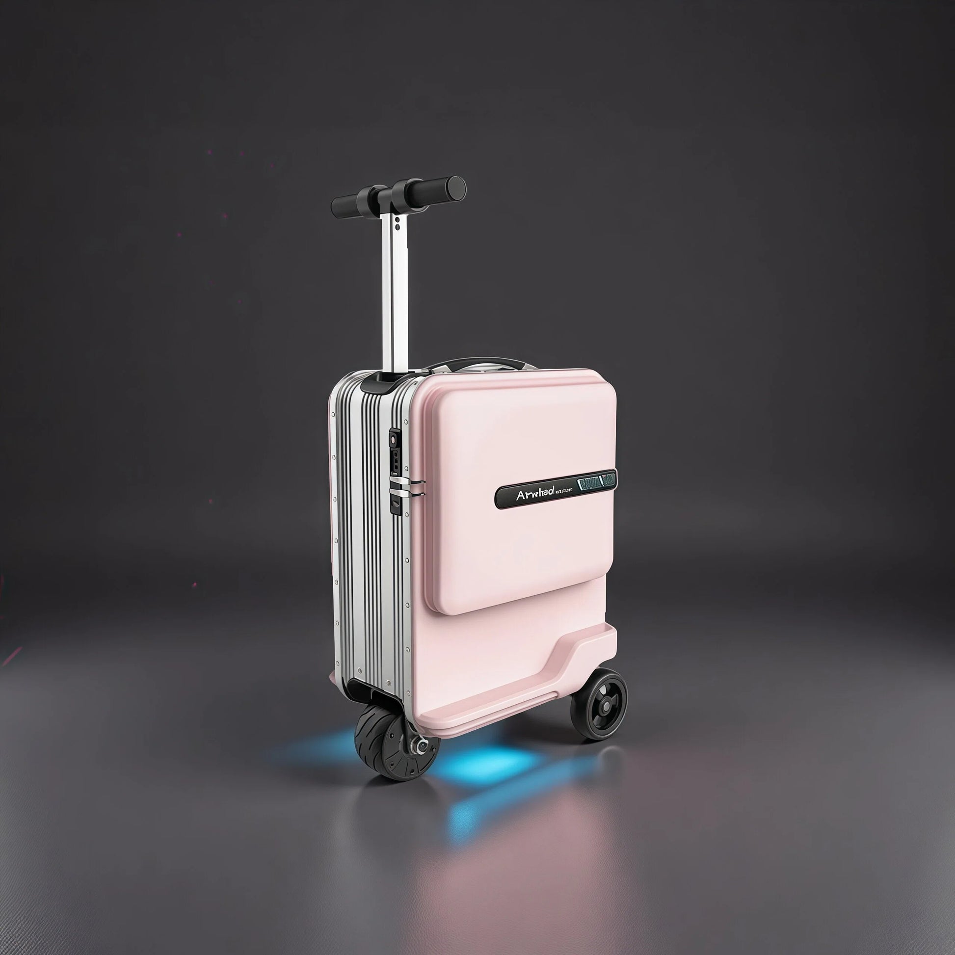 A stylish pink Airwheel SE3T electric scooter suitcase with the handle extended and vibrant blue LED underglow, showcasing its modern design for travelers