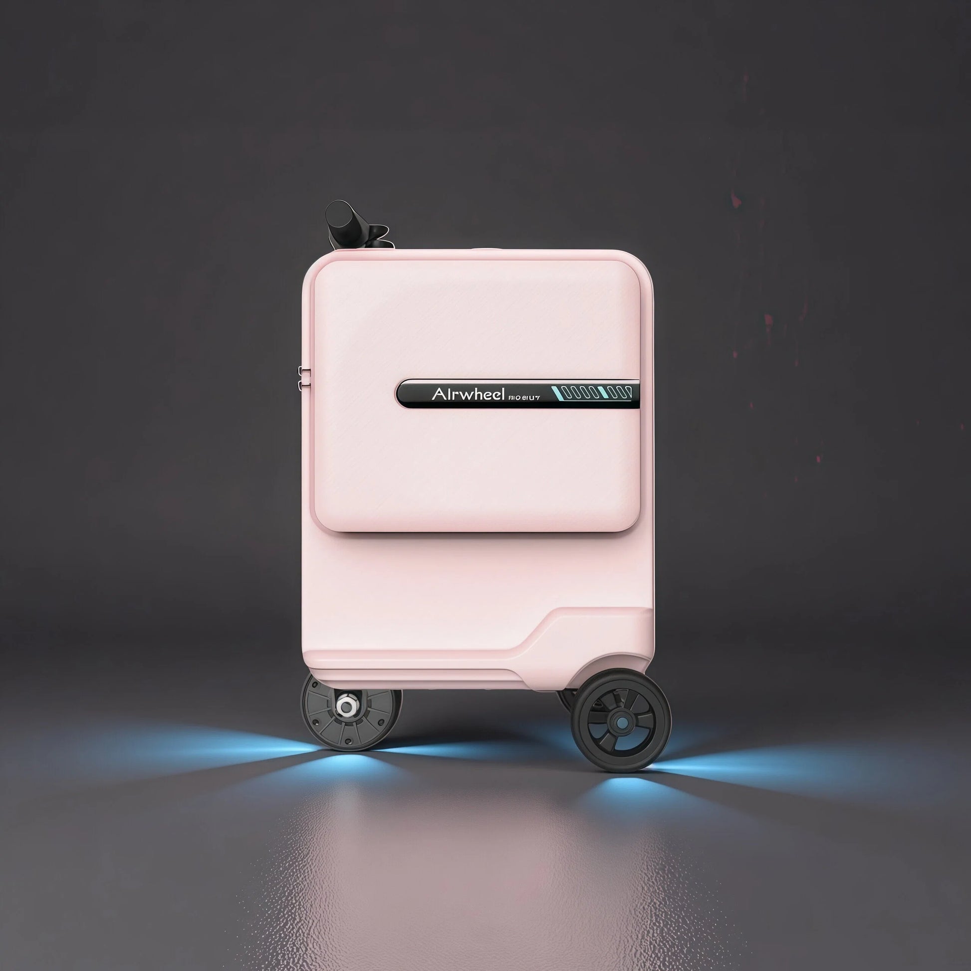 Side profile of the pink Airwheel SE3T smart luggage in ride mode, featuring its sleek body, intelligent handlebar, and cool blue ambient lighting.