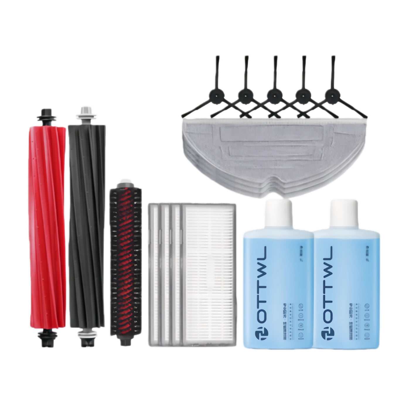 Complete Roborock S8 Pro Ultra accessory kit including main roller brushes, side brushes, HEPA filters, washable mop pads, and cleaning solution bottles – compatible replacement parts for Roborock S8 Pro Ultra robot vacuum