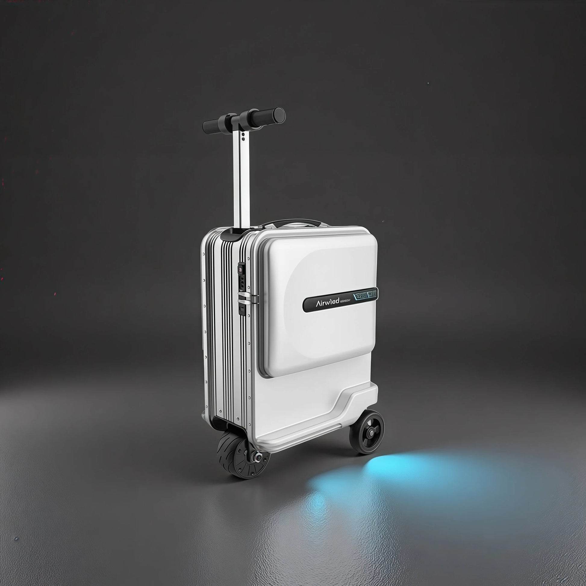 The silver Airwheel SE3T electric luggage in ride mode, with a unique square of blue ambient light projected on the floor beneath it, showcasing its advanced features.