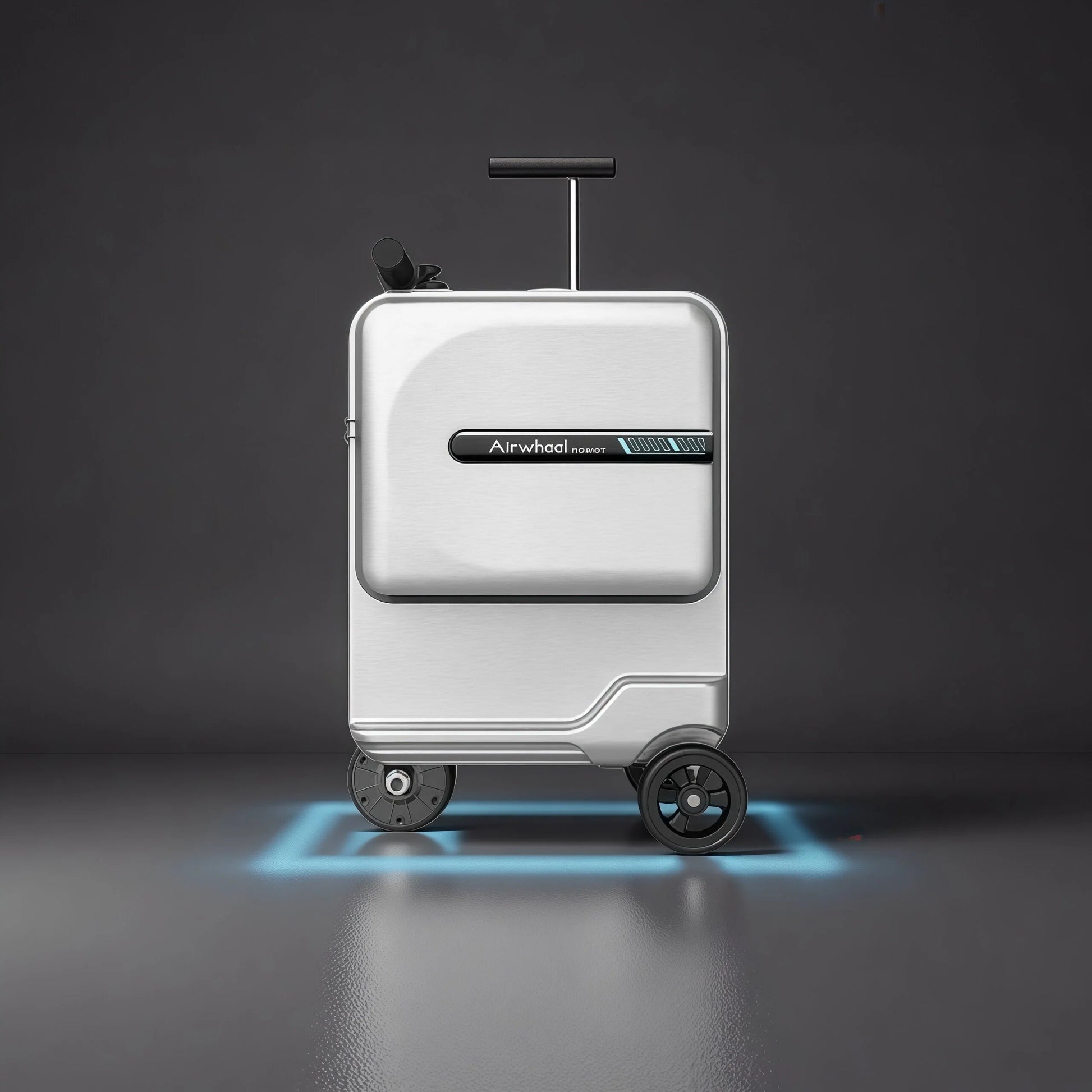 A sleek silver Airwheel SE3T smart scooter suitcase with the handle extended, ready for travel, featuring its signature blue LED light and brushed aluminum finish.