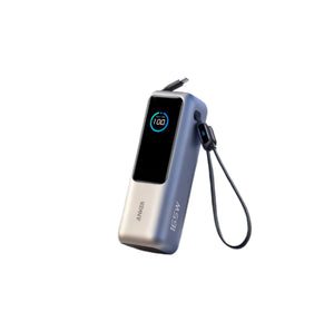 Anker 165W 25000mAh power bank in silver-blue finish with display screen and built-in retractable cable lanyard