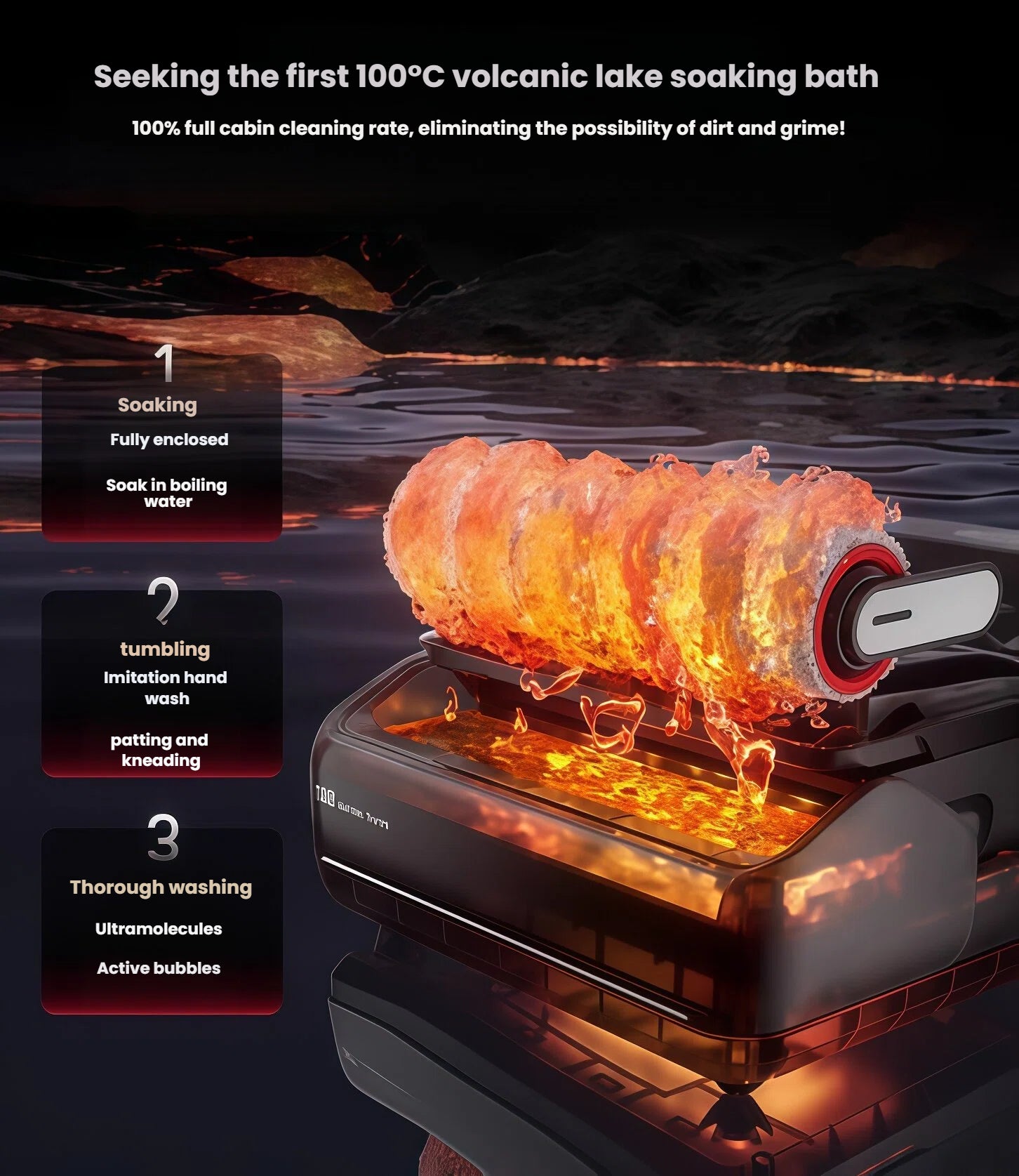 Dramatic render of the H15 Pro’s roller brush immersed in boiling water, illustrating the three-step 100 °C deep-cleaning cycle that removes 100 % of dirt and grime.