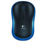 Logitech M185 wireless mouse in blue showing compact ambidextrous design