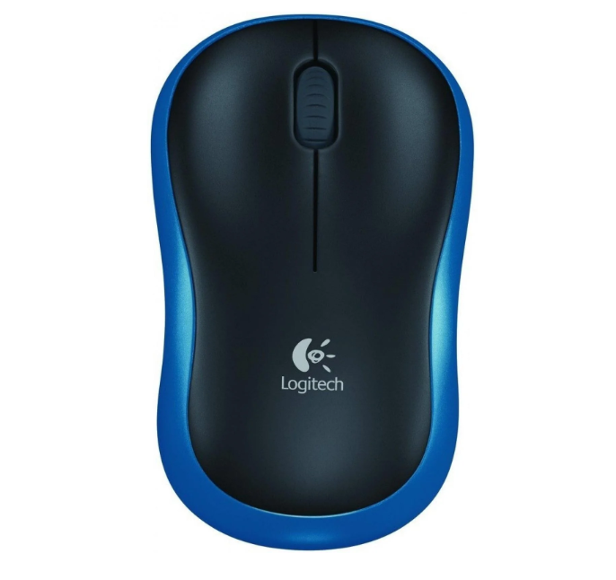 Logitech M185 wireless mouse in blue showing compact ambidextrous design