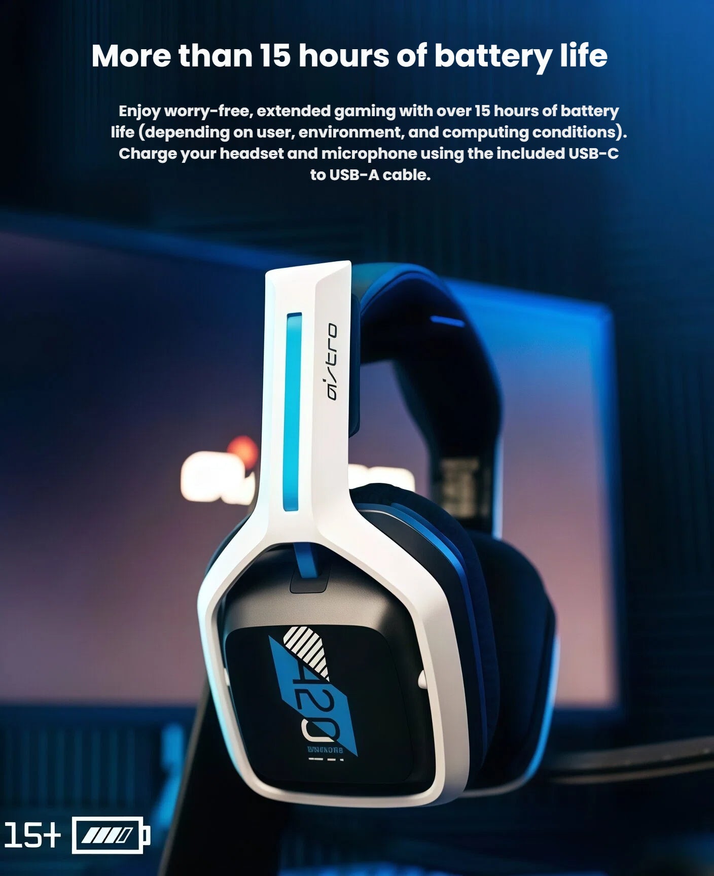 Close-up of the white ASTRO A20 standing on a desk, emphasizing the 15+ hour battery indicator and USB-C recharge port.