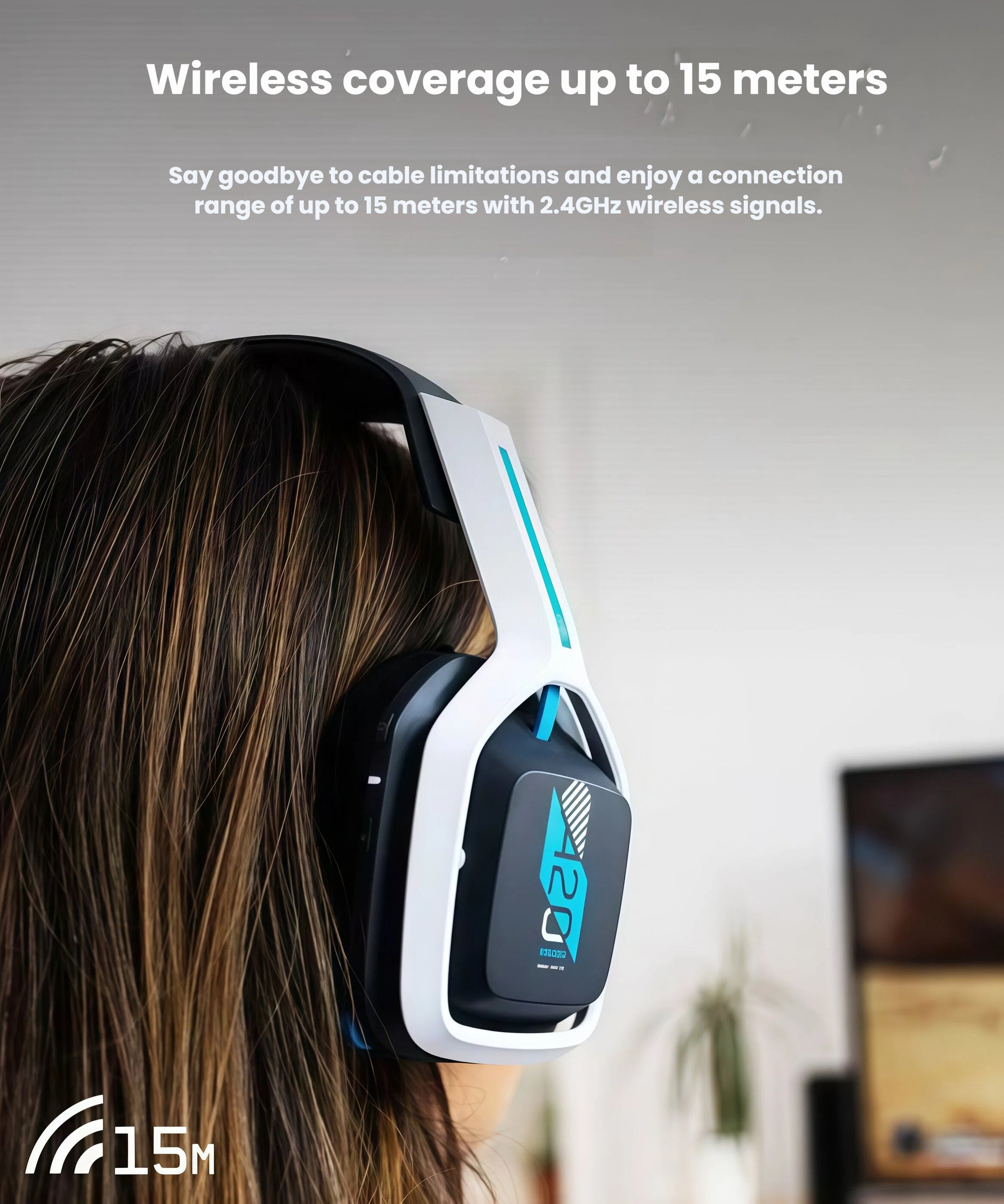 Rear view of a player wearing the white ASTRO A20, highlighting the 15 m wireless range icon and uninterrupted connectivity for console gaming.