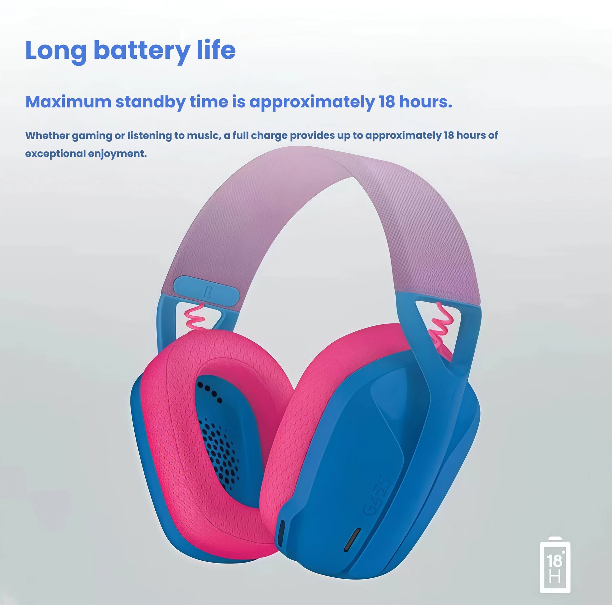 Studio shot of the blue-and-pink G435 headset with an 18-hour battery icon, emphasizing all-day play and music enjoyment on a single charge.