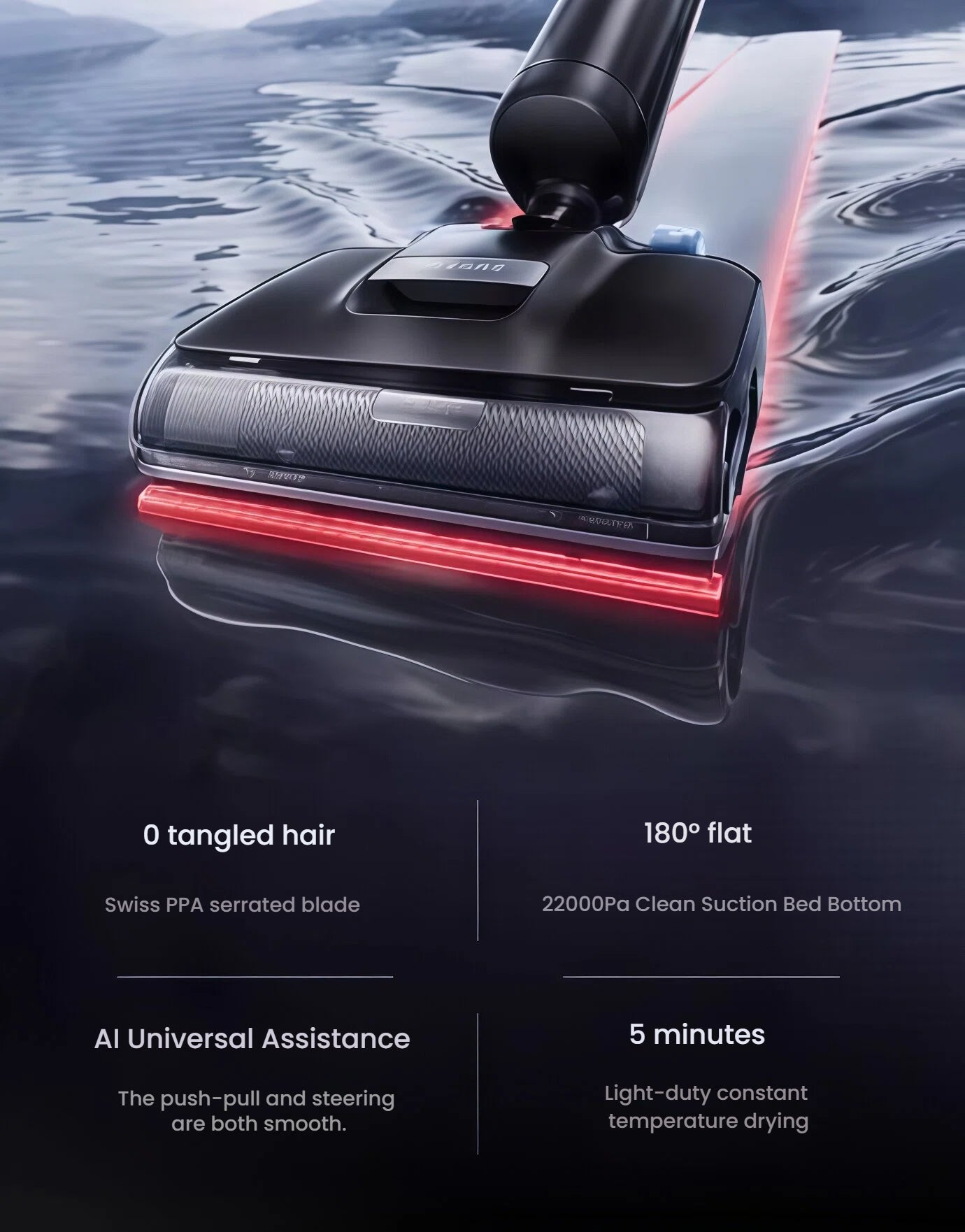  The H15 Pro lying completely flat, gliding under a low-profile bed while red LED lights highlight its zero-tangle brush and powerful 22 000 Pa suction.