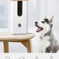 Siberian husky interacting with the DOGNESS 8065 pet camera on a wooden table, highlighting voice chat and 720P video surveillance.