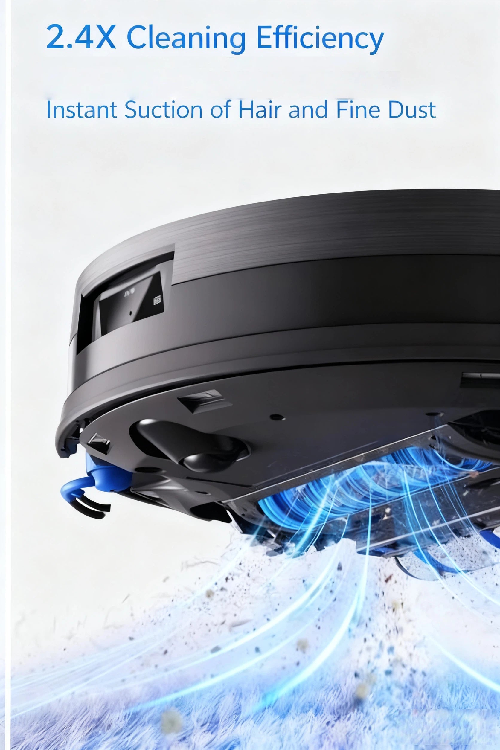 Close-up underside view of the ECOVACS X11 Pro Omni powerfully suctioning hair and fine dust from a carpet, illustrating its 2.4X enhanced cleaning efficiency.