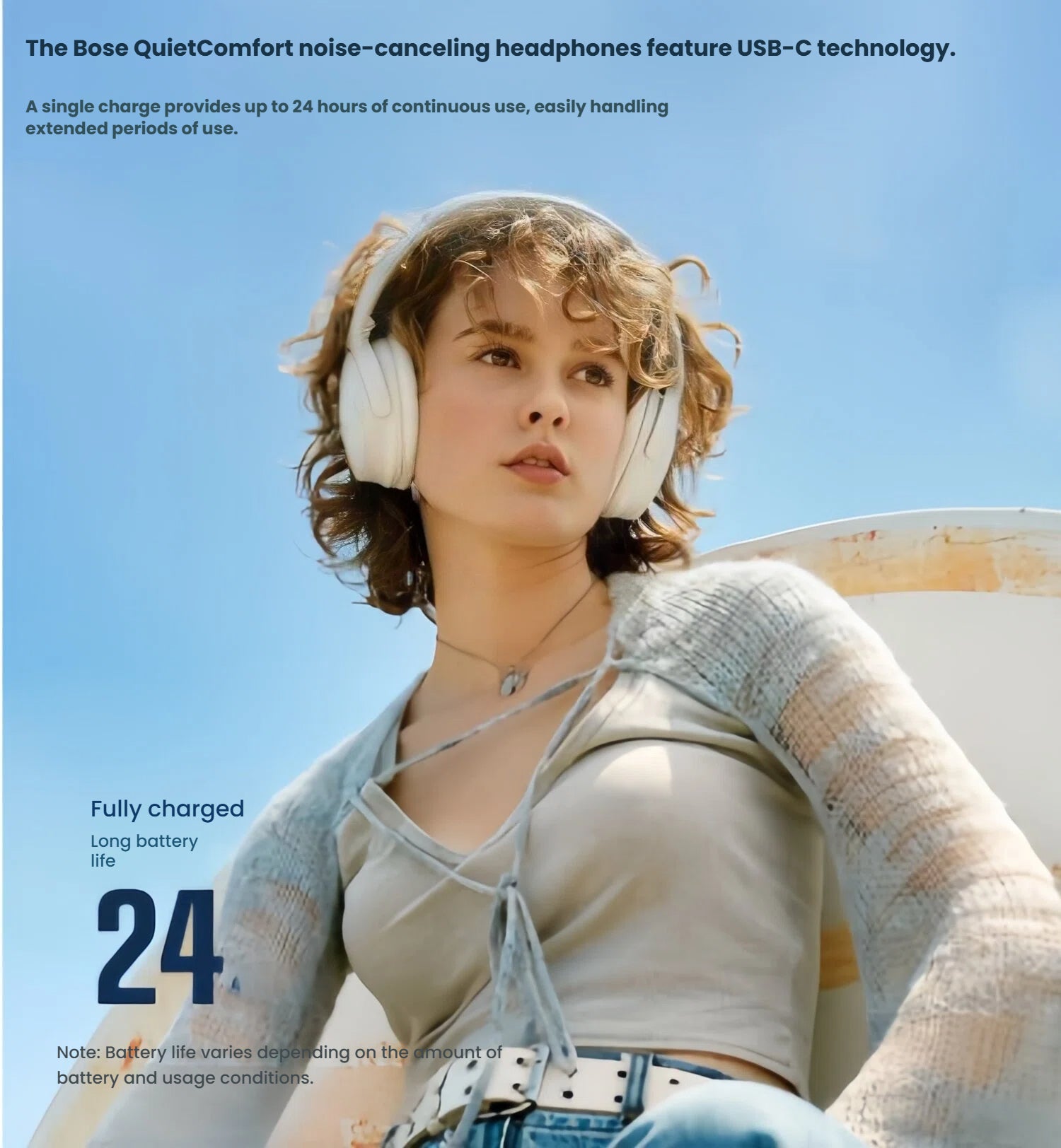 A woman wearing the white Bose QuietComfort Headphones outdoors, with text highlighting the long-lasting 24-hour battery life from a single charge via USB-C.
