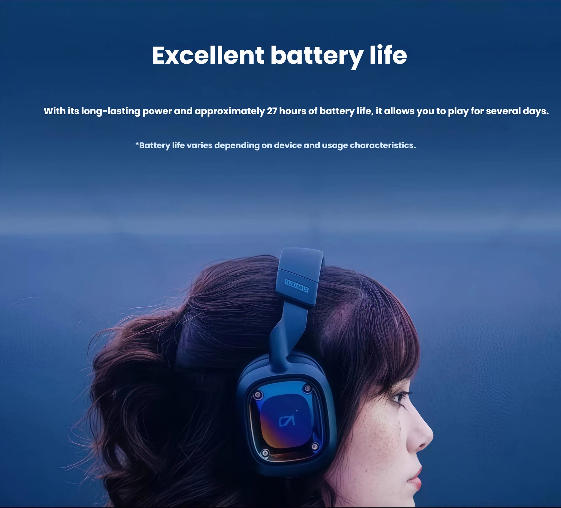  Side profile of a gamer wearing the navy ASTRO A30, emphasizing the headset’s long-lasting 27-hour battery and comfortable fit.