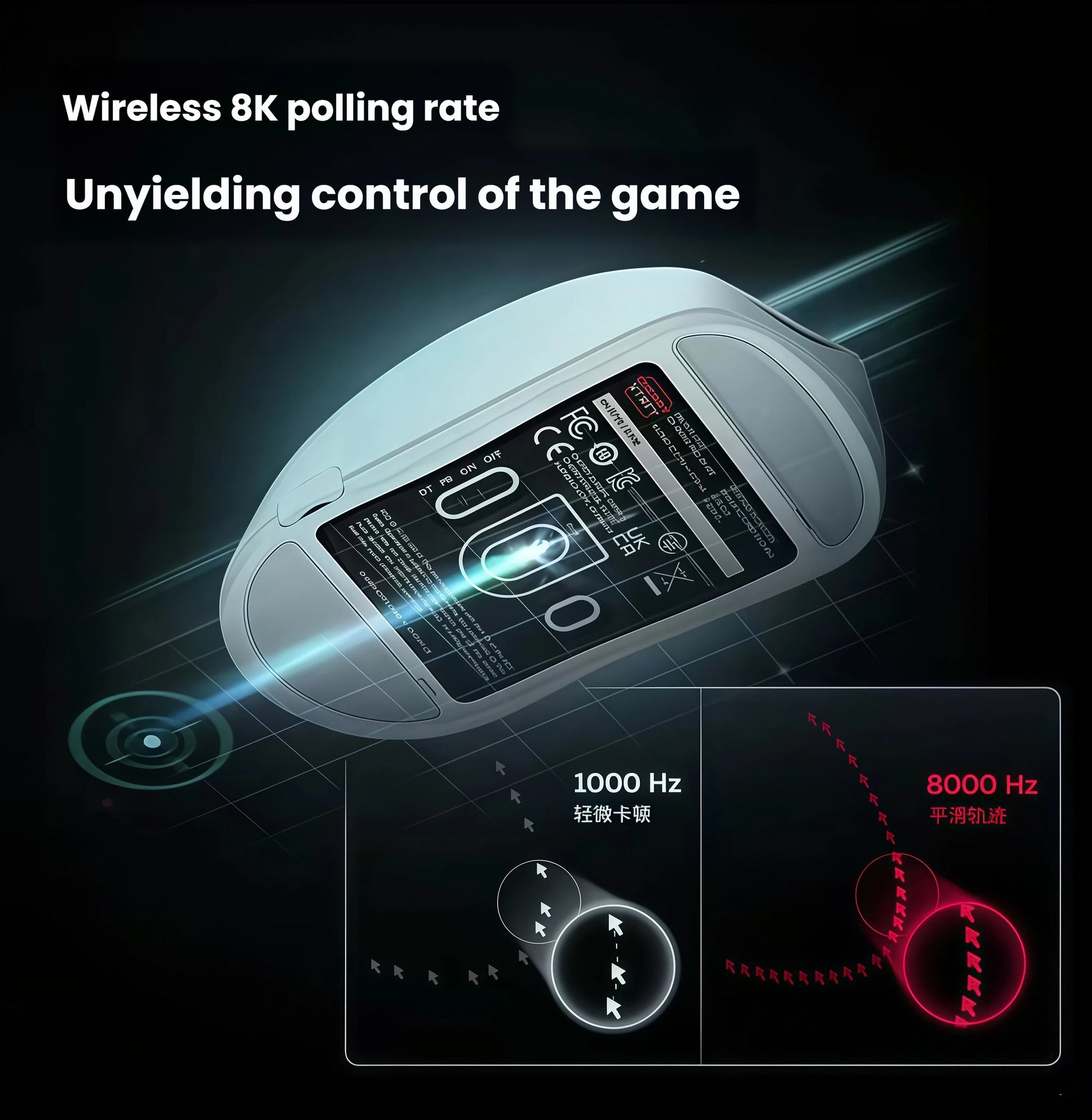 Cherry Xtrfy M68 Pro wireless gaming mouse underside showing 8000Hz polling rate versus 1000Hz tracking comparison