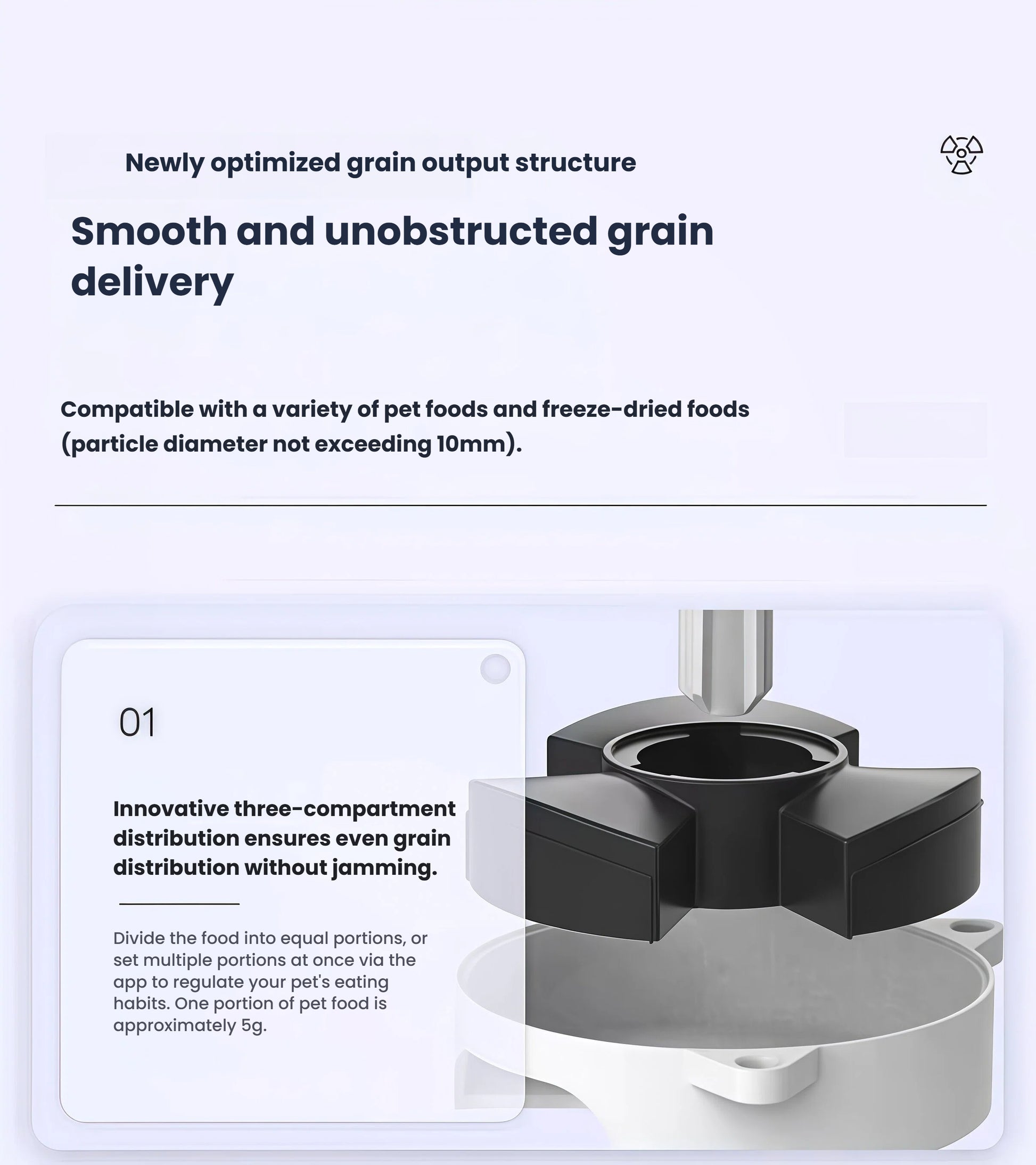 Close-up of the innovative three-compartment distribution wheel inside the Dogness F10 feeder, ensuring smooth 5 g portions without jamming.