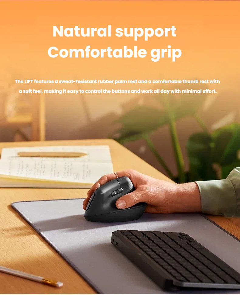Logitech Lift quiet click button technology callout
