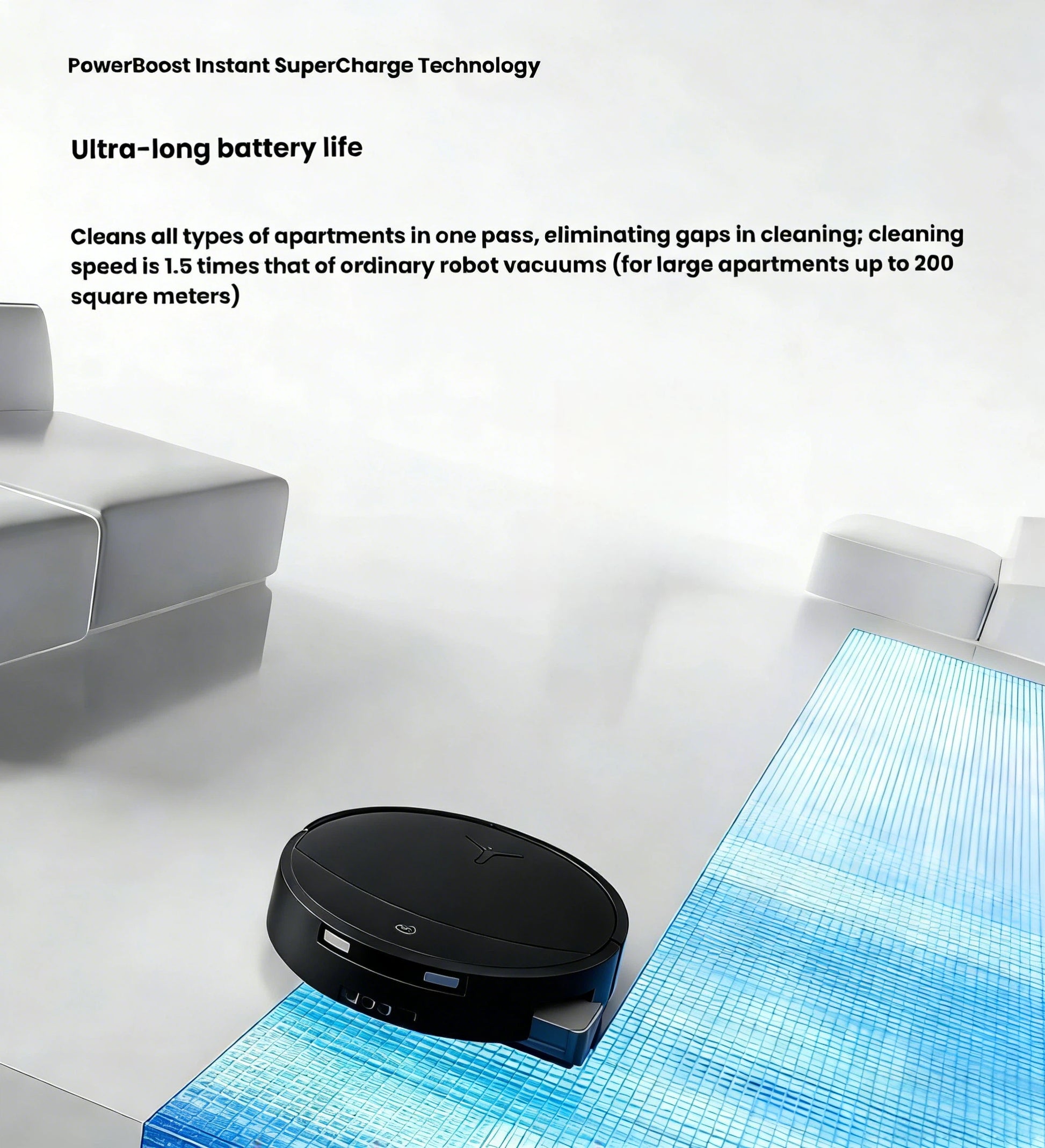 ECOVACS DEEBOT T90 OMNI PowerBoost ultra-long battery life covers homes up to 200 square metres
