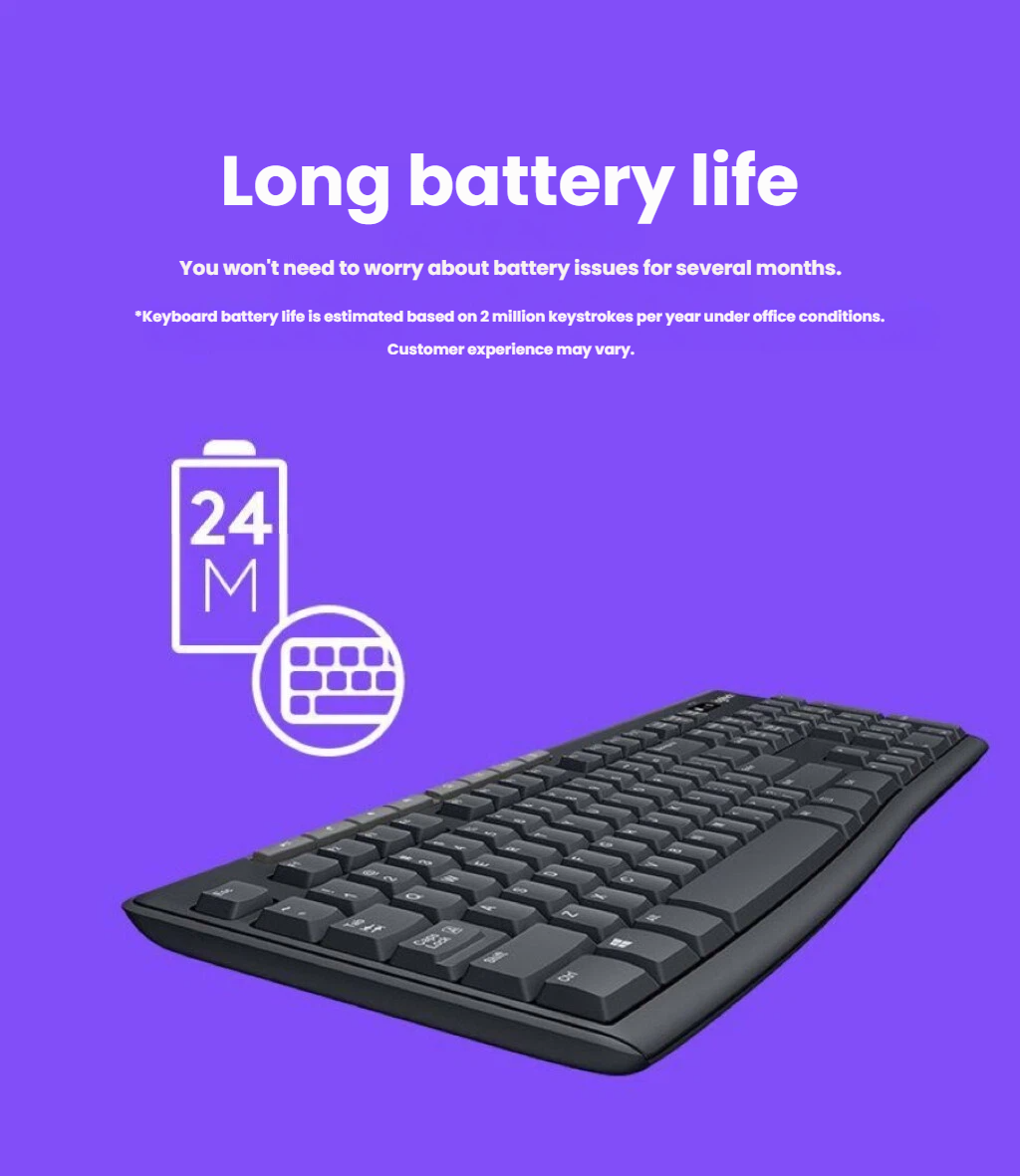 Logitech K270 spill-resistant construction and adjustable tilt legs detail shot