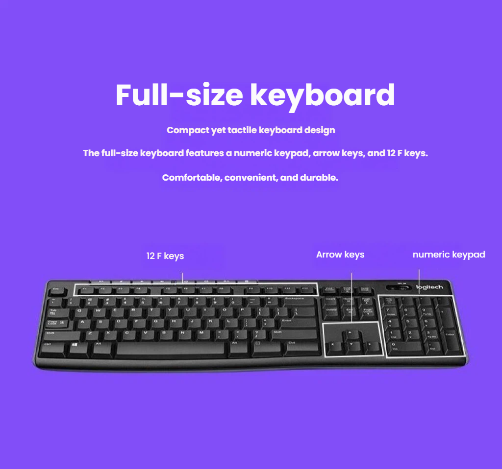 Logitech K270 eight multimedia hotkeys and 24-month battery life feature illustration