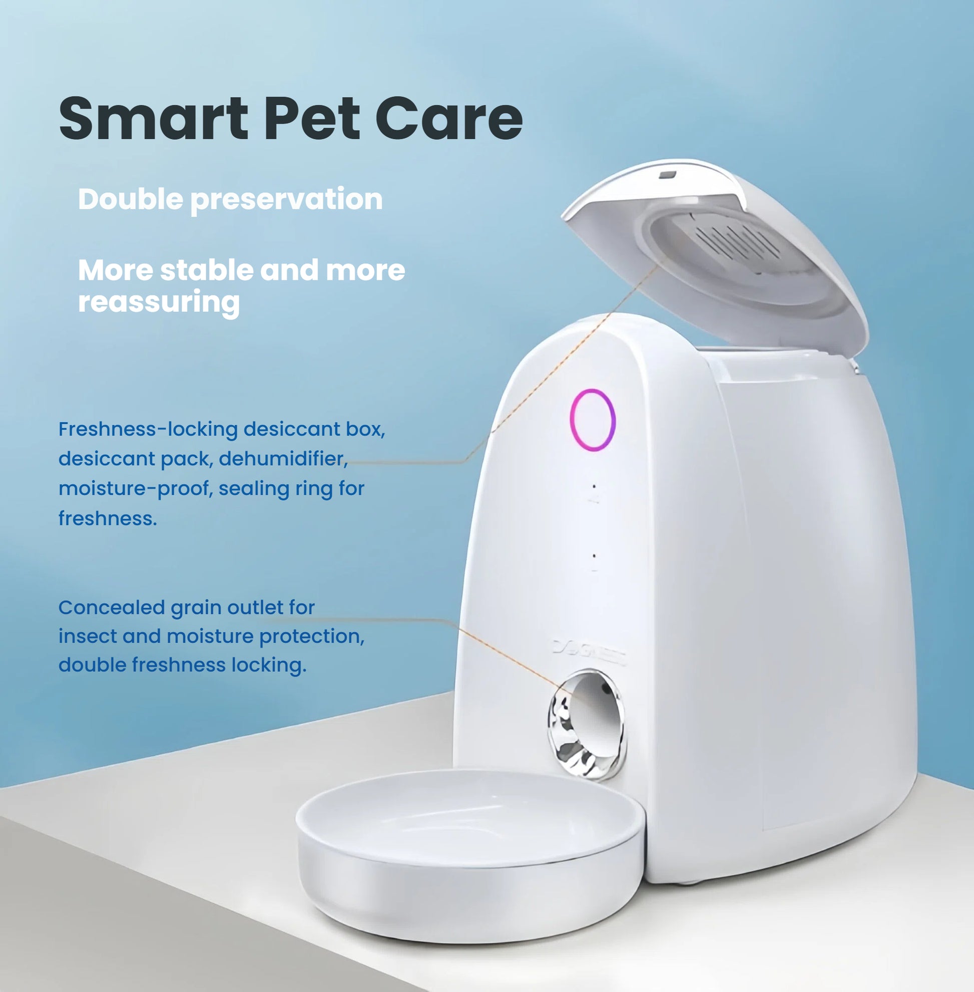 Open-lid view of Dogness Mini 2 L smart feeder highlighting double preservation with desiccant box and moisture-proof sealing ring.