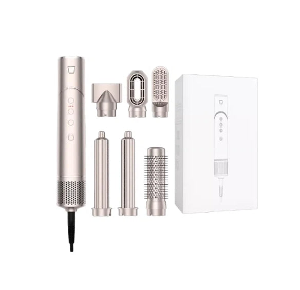 Silver 6-in-1 Ultra Styler hair styling tool with all accessories displayed: concentrator nozzle, diffuser, round brush, flat iron, curling barrel, and box. Compact design for versatile styling at home or on travel.