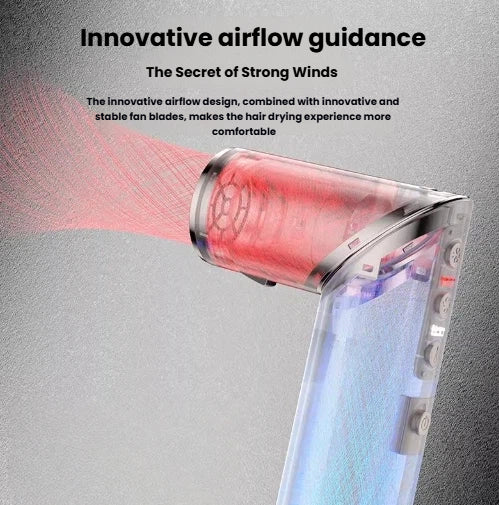 Red airflow visualization from 6-in-1 Ultra Styler’s concentrator nozzle. Shows strong, focused wind output powered by high-efficiency motor and advanced blade design for fast drying