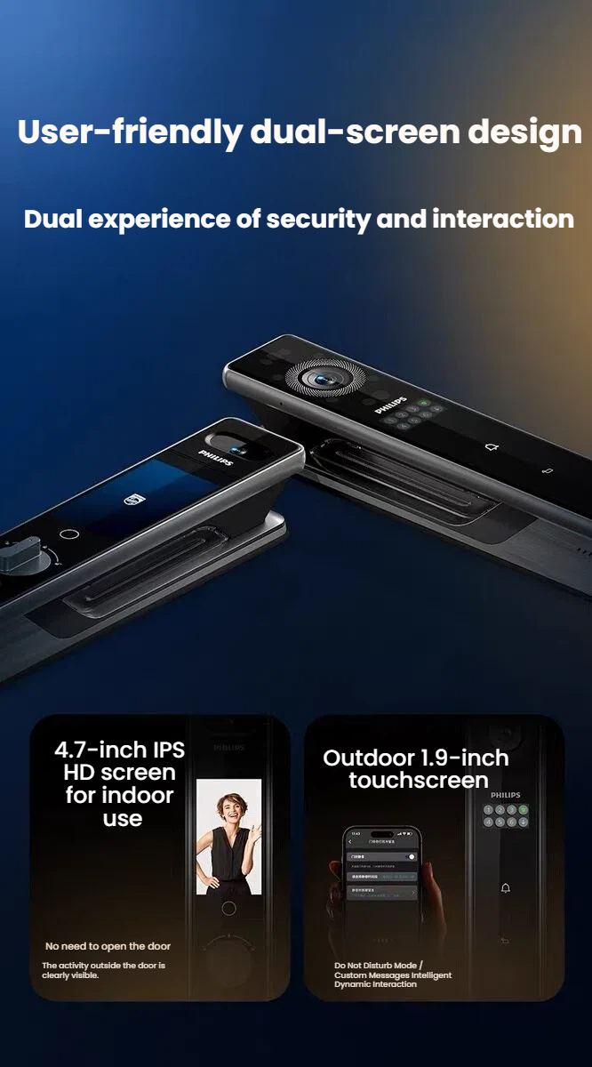 Philips 9000 Series Palm & Face Recognition Smart Lock — 4.7-inch IPS indoor display showing video feed