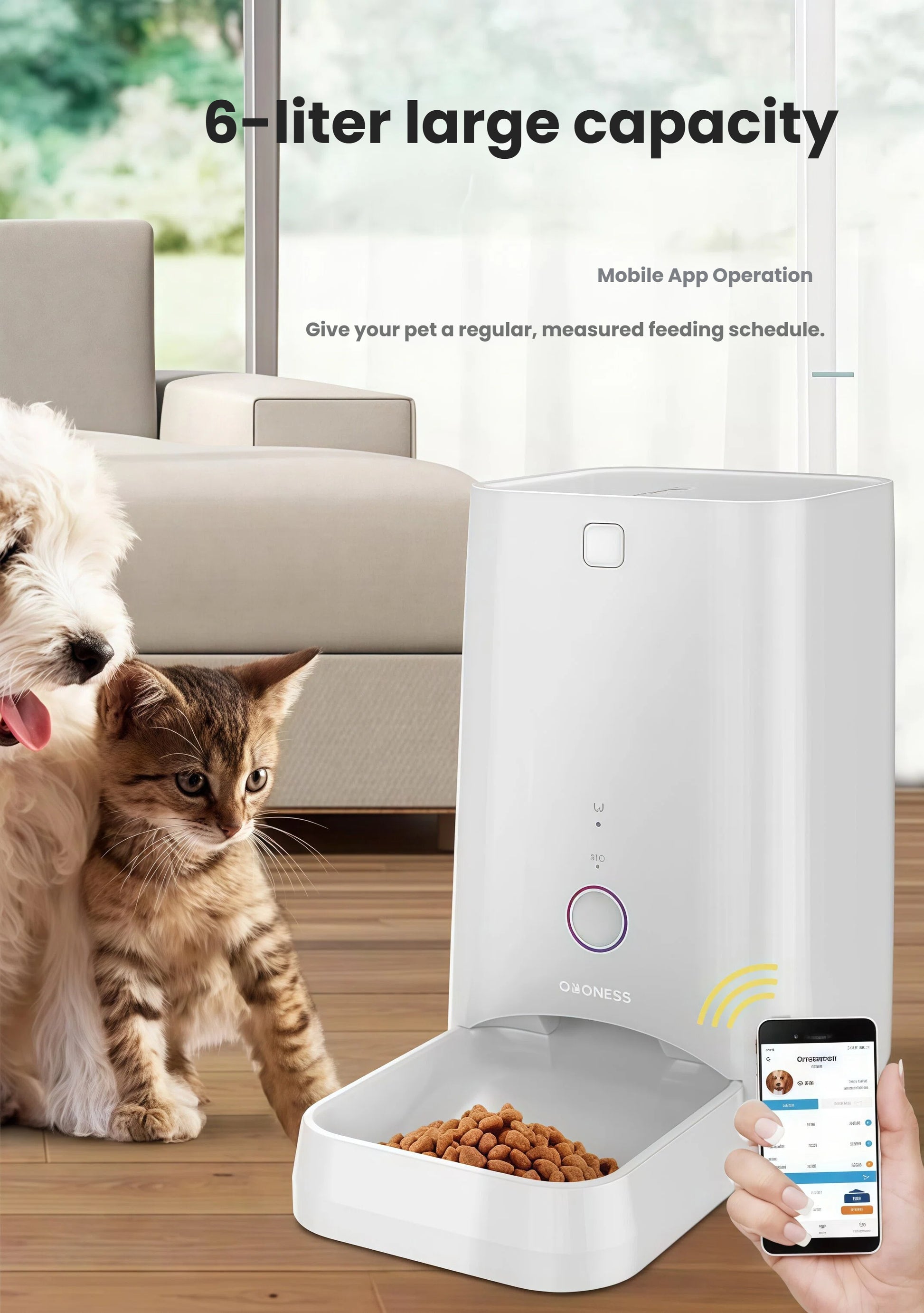 White DOGNESS 6L feeder dispensing kibble to a kitten and puppy, controlled by smartphone app for scheduled meals.