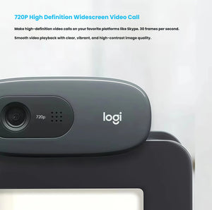 Macro shot of the C270 webcam perched on a laptop, emphasizing 720p HD resolution for smooth, high-contrast video calls.