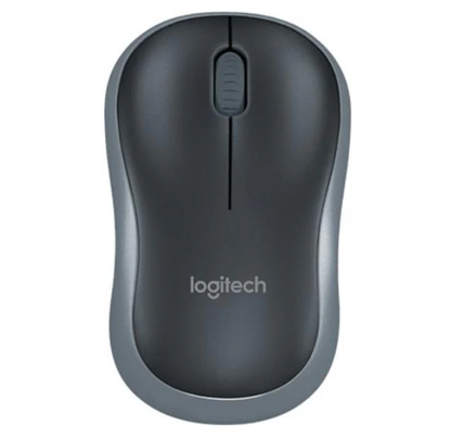 Logitech M185 wireless mouse in grey top view with USB nano receiver