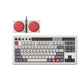 Front-facing product shot of the 8BitDo Retro 108 mechanical keyboard with its signature cream and maroon keycaps, red "BA" keys, and built-in dual-button controller. The clean white background highlights the keyboard’s nostalgic design and premium build.