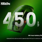 The 8BitDo Retro R8 Mouse displayed against a vibrant green background with "450mAh" and "100-hour battery life" prominently featured. In Bluetooth or 2.4GHz mode, it offers approximately 100 hours of continuous use — ideal for extended gaming sessions or daily work.