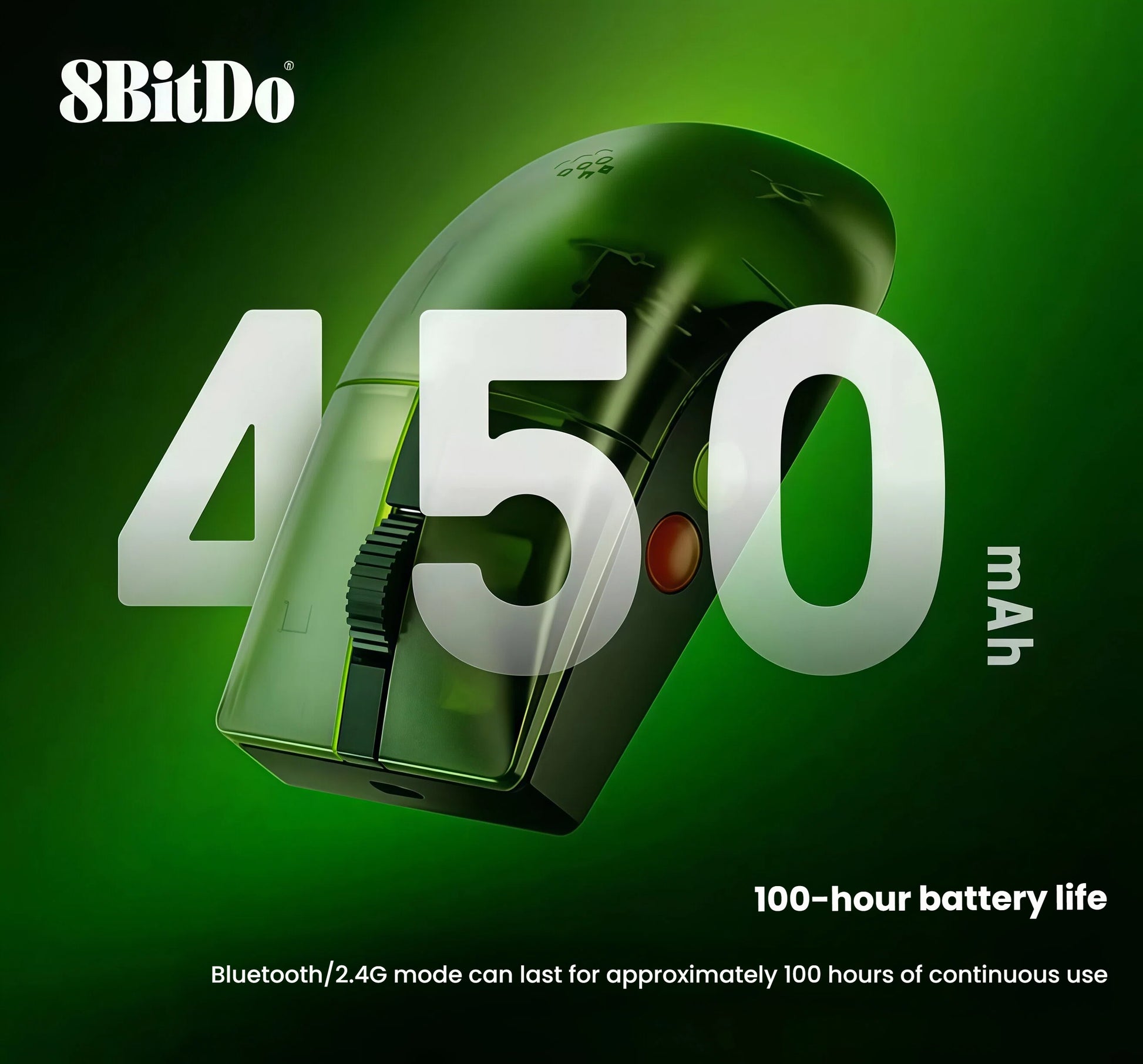 The 8BitDo Retro R8 Mouse displayed against a vibrant green background with "450mAh" and "100-hour battery life" prominently featured. In Bluetooth or 2.4GHz mode, it offers approximately 100 hours of continuous use — ideal for extended gaming sessions or daily work.