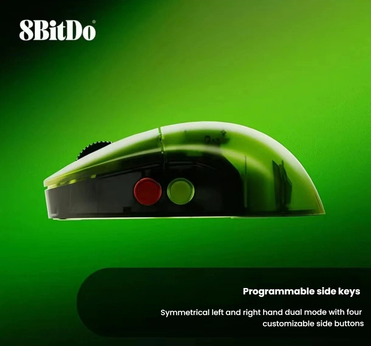 Close-up of the 8BitDo Retro R8 Mouse’s side profile, highlighting four customizable side buttons (two per side) in red, green, blue, and orange. Designed for symmetrical left- and right-hand use, these programmable keys allow full customization for gaming or productivity tasks.