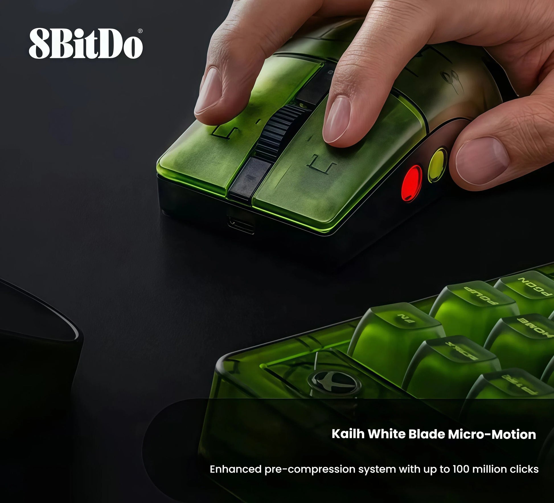 Close-up of the 8BitDo Retro R8 Mouse showing fingers pressing the left and right click buttons. Equipped with Kailh White Blade Micro-Motion switches, this mouse features an enhanced pre-compression system with up to 100 million clicks for long-lasting durability and crisp tactile feedback.