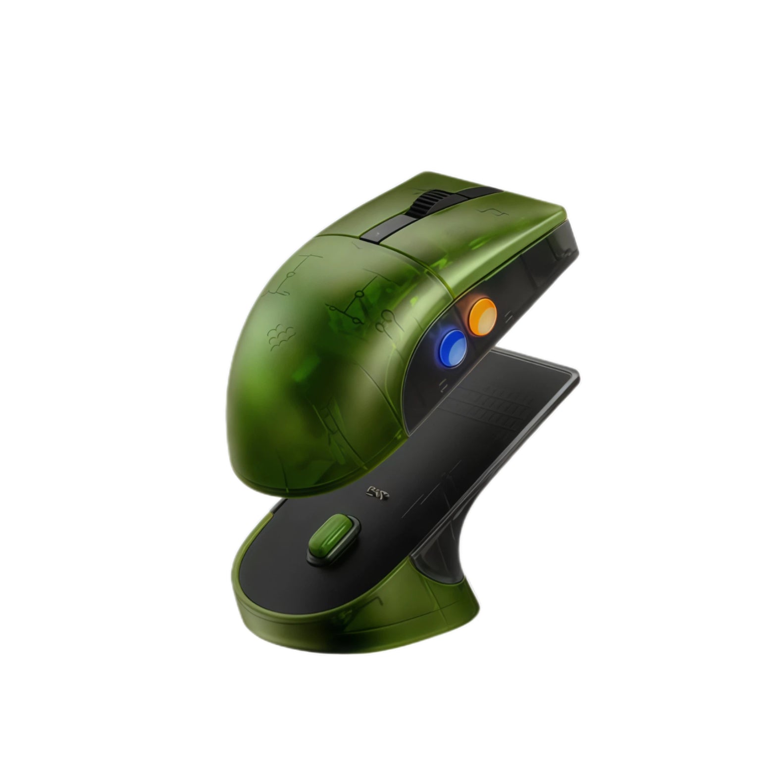 The 8BitDo Retro R8 Mouse placed vertically on its magnetic charging dock, showcasing the sleek black base with a green power button. This compact dock allows for convenient wireless charging and storage, keeping your setup clean and organized.
