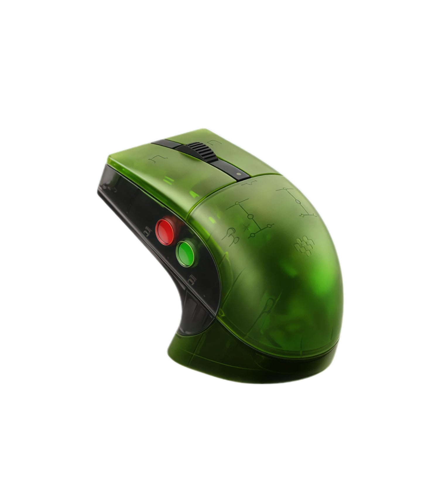 Side view of the 8BitDo Retro R8 Mouse in Xbox Edition, featuring a translucent green shell with retro circuit-style etchings. The ergonomic, symmetrical design supports both left- and right-handed users, combining vintage aesthetics with modern gaming performance.