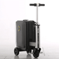A black Airwheel SE3S smart suitcase with an integrated handlebar and wheels, designed for riding. The suitcase features the Airwheel logo on the front and is equipped with a compact electric motor for easy mobility