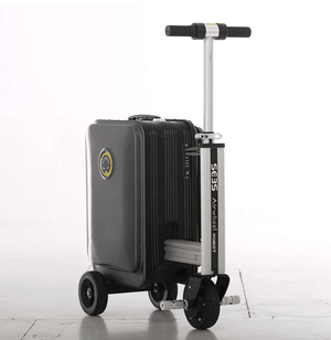 A black Airwheel SE3S smart suitcase with an integrated handlebar and wheels, designed for riding. The suitcase features the Airwheel logo on the front and is equipped with a compact electric motor for easy mobility