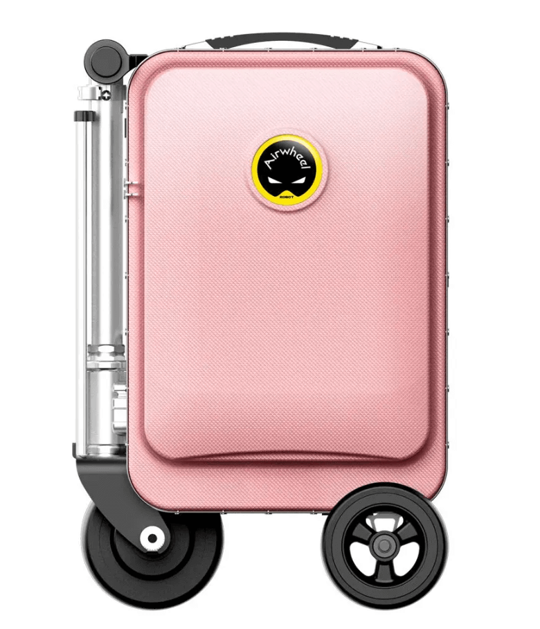 A pink Airwheel SE3S smart suitcase with an integrated handlebar and wheels, designed for riding. The suitcase features the Airwheel logo on the front and is equipped with a compact electric motor for easy mobility