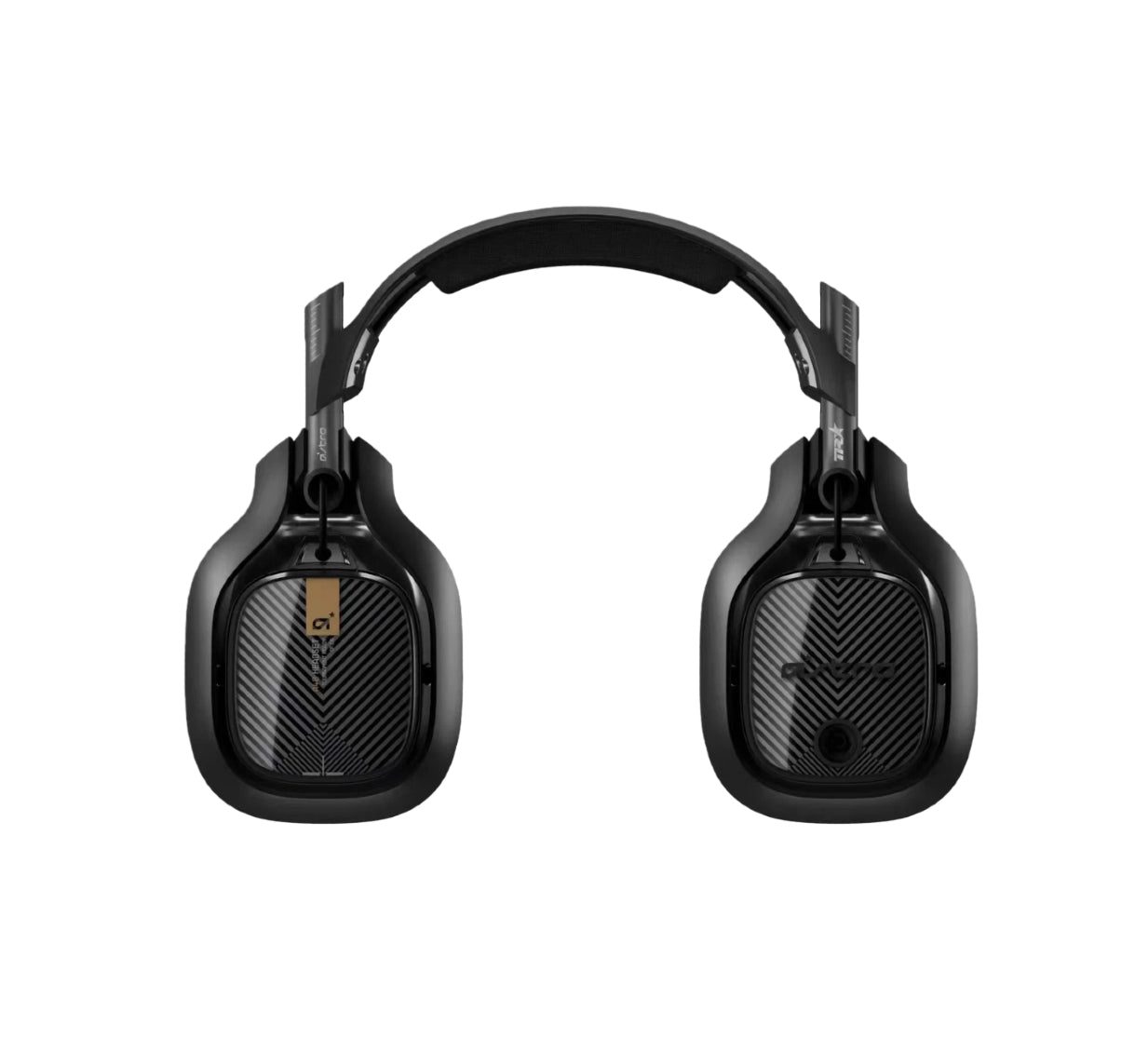 Rear view of the black ASTRO A40 TR headset highlighting the textured carbon-fiber finish on the ear cups and the adjustable aluminum headband.